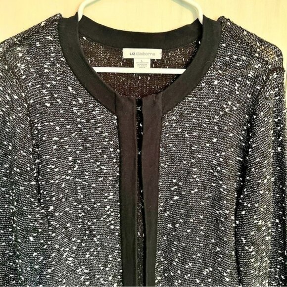 𝅺LIZ Claiborne Marled Open Front Cardigan Sweater Black White Grey Pockets L - Picture 3 of 12